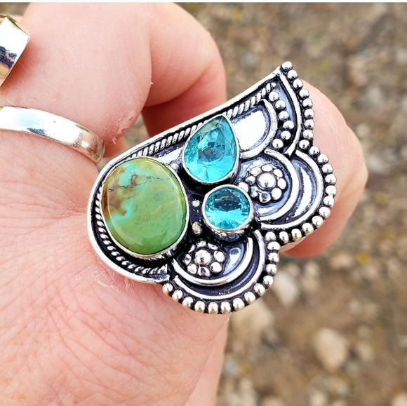 New Chrysocolla & Blue Topaz 925 Silver Ring. - Picture 6 of 16
